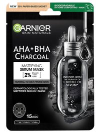 Матиращa серум-маска за лице с активен въглен и AHA + BHA киселини